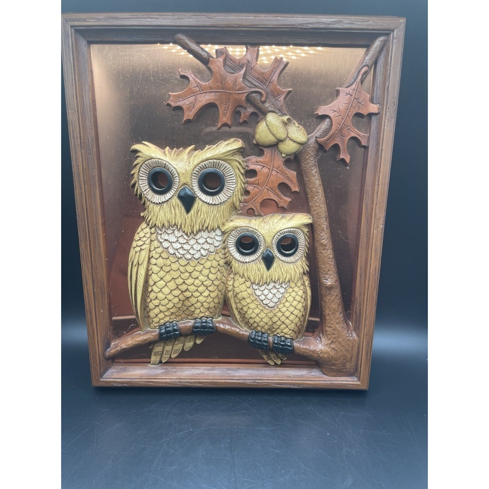 Vintage Coppercraft Guild Owls Acorns‎ Leaves in Oak Tree Wood Tone Plaque 9x11
